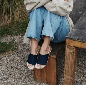 MESSAGE Cozy Shaw Slide Midnight Navy Blue Shearling Cork Sandal EU 39 US 9 9.5